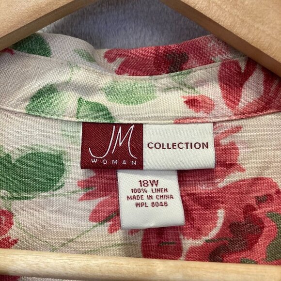 JM Collection 100% Linen Button Up Floral Blouse 18W Pink Easter Bell Sleeve Top - Picture 3 of 13